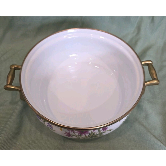 Vtg Lincoware Enamelware Brass Handles Dutch Oven Pot With Lid Flower Pattern - Picture 7 of 10